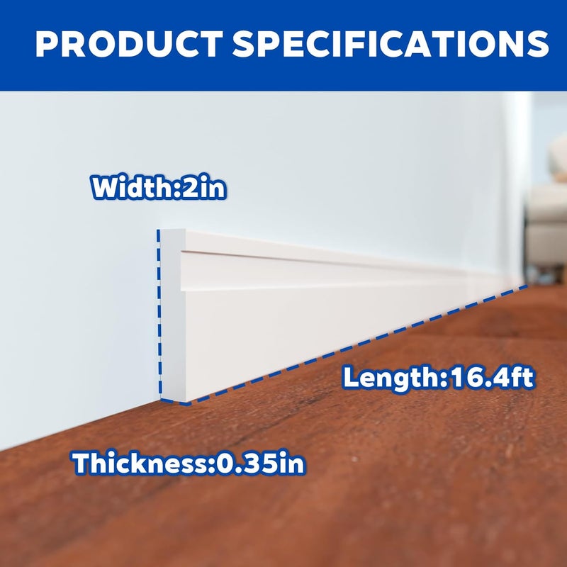 COUKIU Flexible EVA Baseboard Molding Trim, Peel and Stick Rubber Wall Base Moulding Trim, 2 Inch x 16.4 Feet Self-Adhesive Vinyl Wall Base Cove Base (Pure White) - Image 2